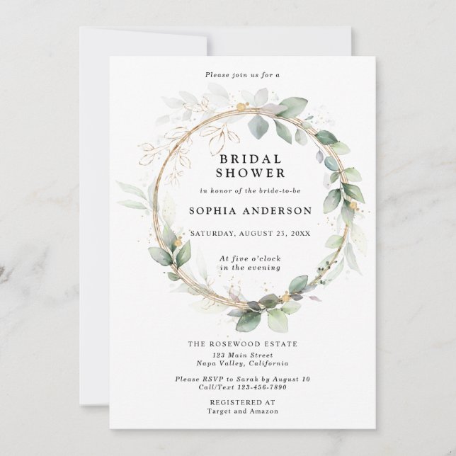 Convites Greenery and Gold Bridal Shower Invitation (Frente)