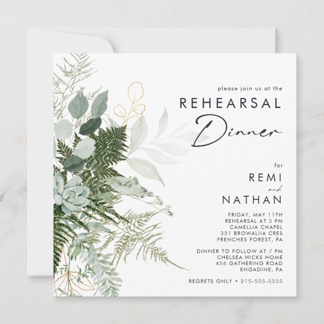 Convites Greenery and Gold Leaf Square Rehearsal Dinner (Frente)