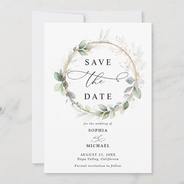 Convites Greenery and Gold Wedding Save the Date Invitation (Frente)