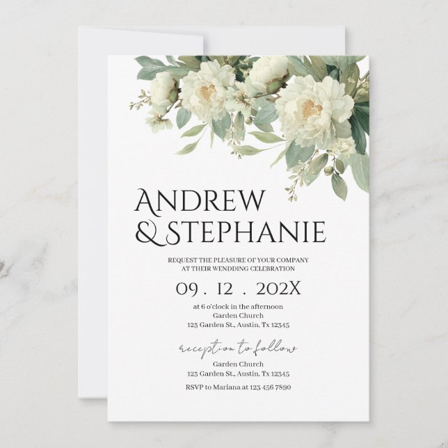 Convites Greenery and white flowers Wedding (Frente)