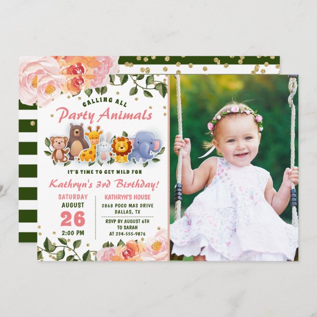 Convites Greenery Animal Friends Foto De Aniversário Rosa (Frente/Verso)
