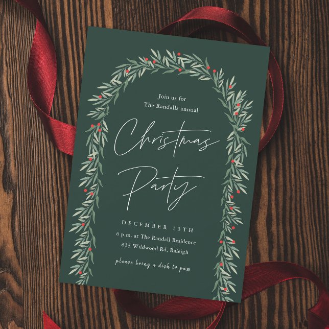 Convites Greenery Arch Modern Script Festa de Natal (Elegant Hand-painted Greenery Arch Christmas Party Invitaitons.)