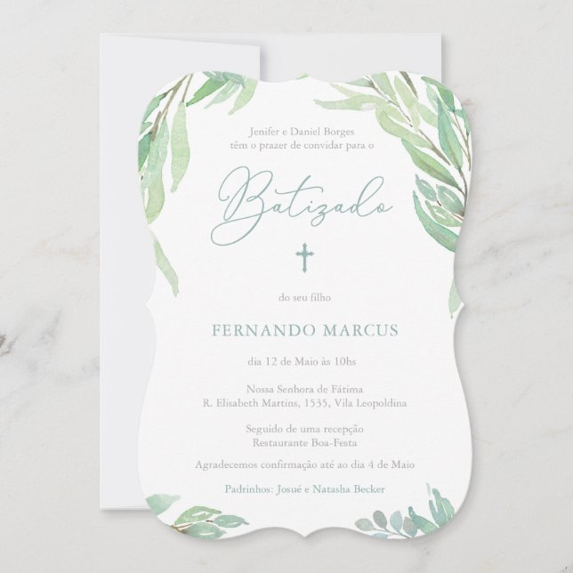 Convites Greenery Baptism Party For Boy em Português (Frente)