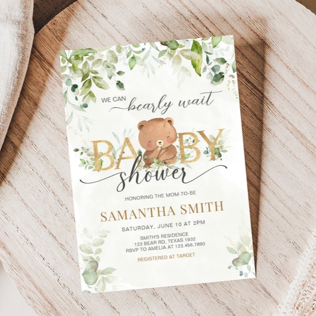 Convites Greenery Bear Baby Shower (Bearly Wait Baby Shower Invitation)