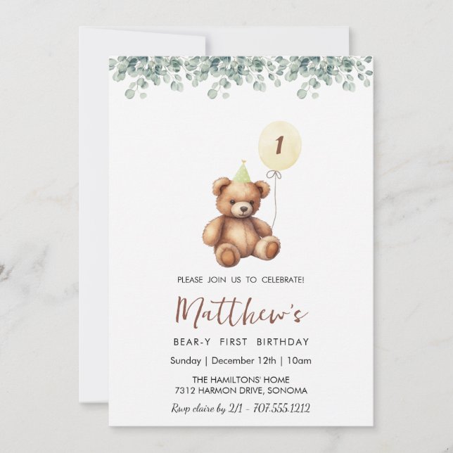 Convites Greenery Bear QUALQUER Idade de aniversário (Frente)