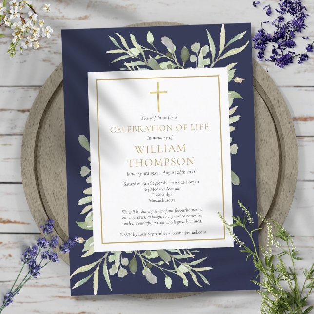 Convites Greenery Blue Celebration of Life Funeral (Greenery Blue Celebration of Life Funeral Invitation)