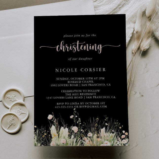Convites Greenery Boho Wildflower Black Christening (Criador carregado)