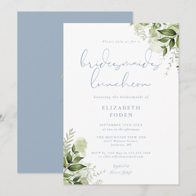Convites Greenery Bridesmaids Luncheon Dusty Blue (Frente/Verso)