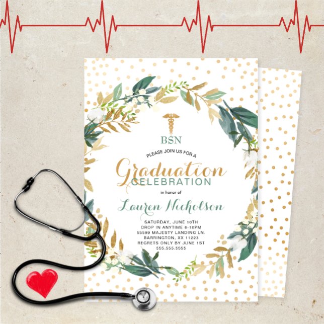 Convites Greenery Confetti Nursing School Festa de formatur (Criador carregado)