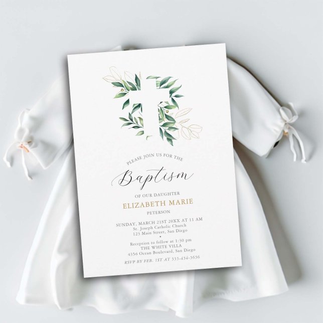 Convites Greenery Cross Dourado Foliage Baby Toddler Baptis (baptism invitation christening baby toddler greenery cross gold foliage elegant classy minimalist)