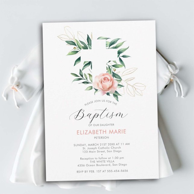 Convites Greenery Cross Pink Blush Dourada Menina Batismo (baby girl baptism invitation christening botanical greenery white cross pink blush rose elegant chic)