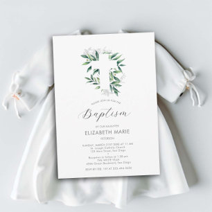 Convites Greenery Cross White Green Baby Baptism