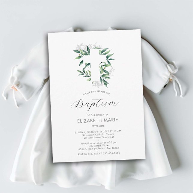 Convites Greenery Cross White Green Baby Baptism (baby child baptism christening invitation white cross greenery botanical foliage watercolor elegant )