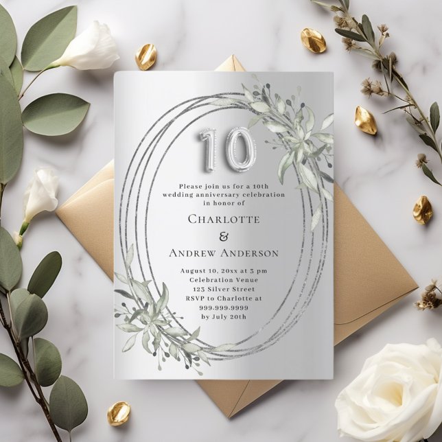 Convites Greenery de prata do 10º aniversário de casamento (Criador carregado)
