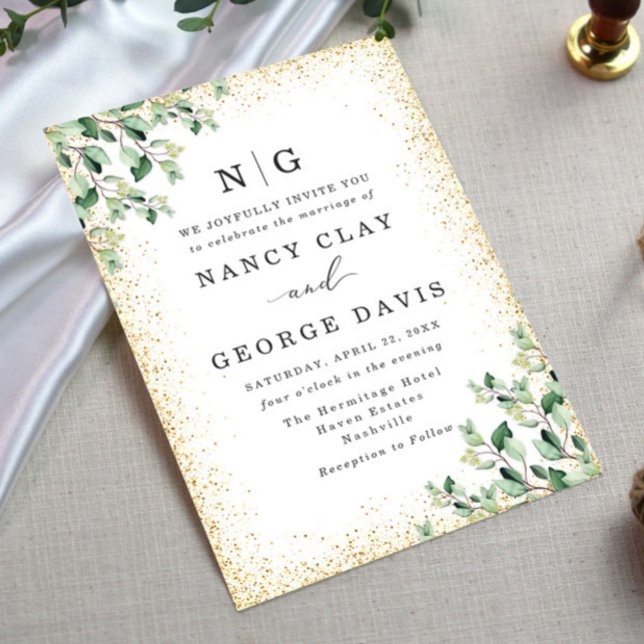 Convites Greenery deixa Dourada Casamento com Monograma (Criador carregado)