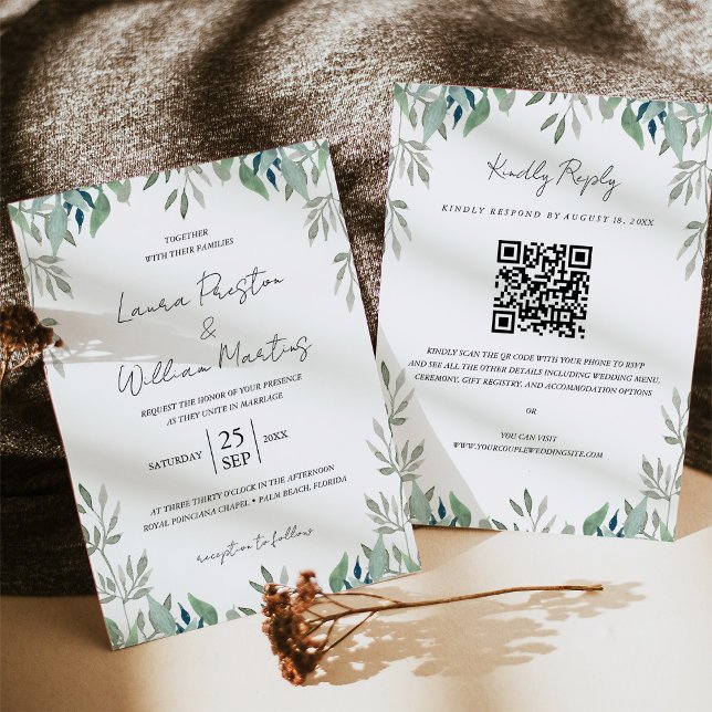 Convites Greenery deixa Frame Código QR Casamento RSVP (Criador carregado)