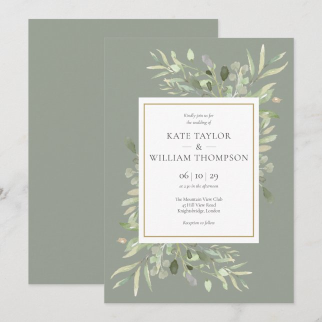 Convites Greenery deixa Sage Casamento Dourado Verde (Frente/Verso)