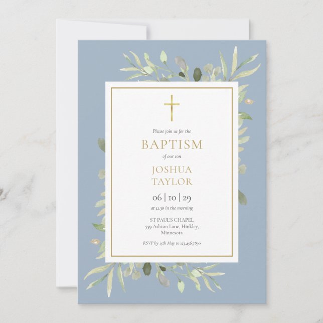 Convites Greenery Dusty Blue Baptism Christening Código QR (Frente)