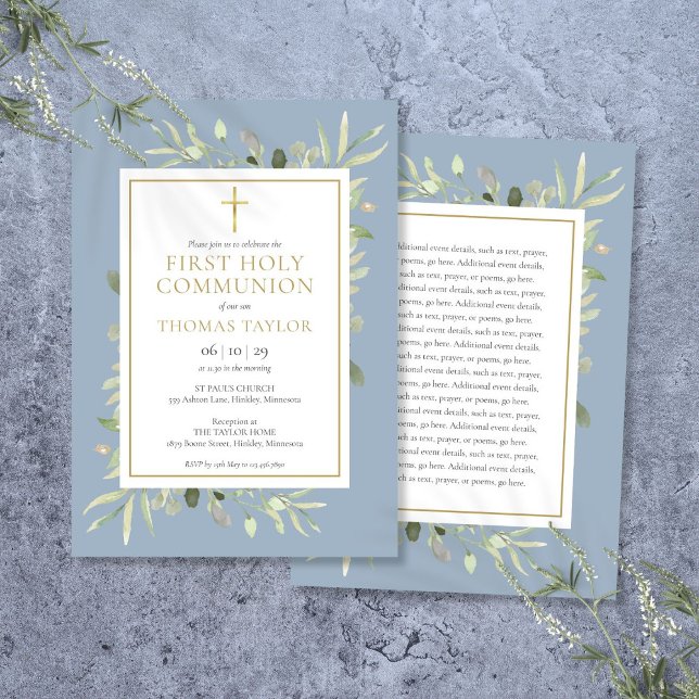 Convites Greenery Dusty Blue Primeira Comunhão Sagrada (Greenery Dusty Blue First Holy Communion Invitation)