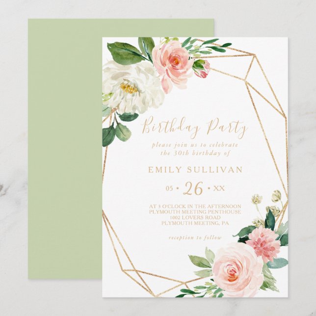 Convites Greenery e Dourado Partido Geométrico aniversário  (Frente/Verso)