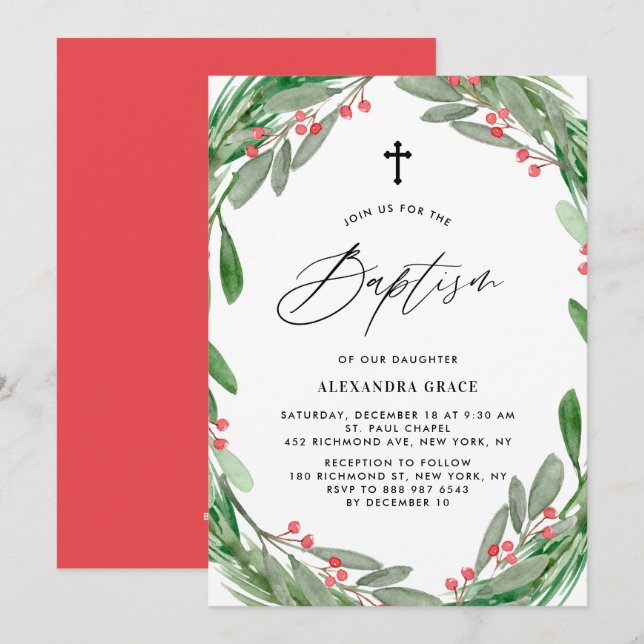 Convites Greenery e Holly Wreath Winter Baptism (Frente/Verso)