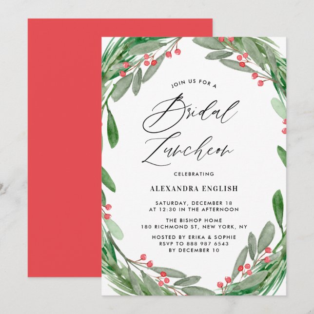 Convites Greenery e Holly Wreath Winter Bridal Luncheon (Frente/Verso)