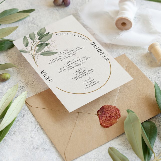 Convites Greenery e menu de casamento elegante dourado (Criador carregado)