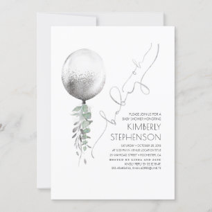Convites Greenery e Silver Glitter Balão Oh Chá de fralda