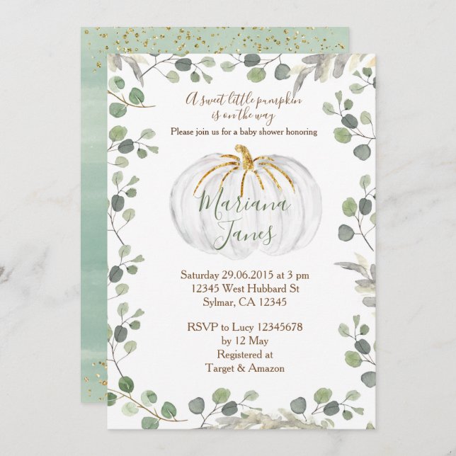 Convites Greenery é uma chá de fraldas de abóbora aquarela (Frente/Verso)