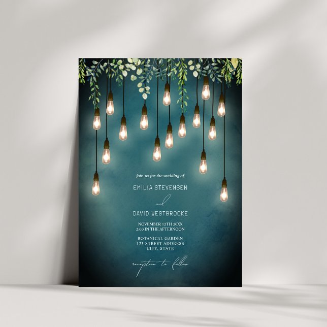 Convites Greenery Edison Lightbulbs Watercolor Casamento (Criador carregado)