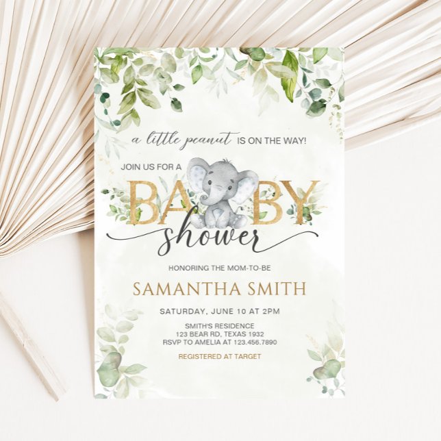 Convites Greenery Elephant Baby Shower (Little Peanut Baby Shower Invitation)