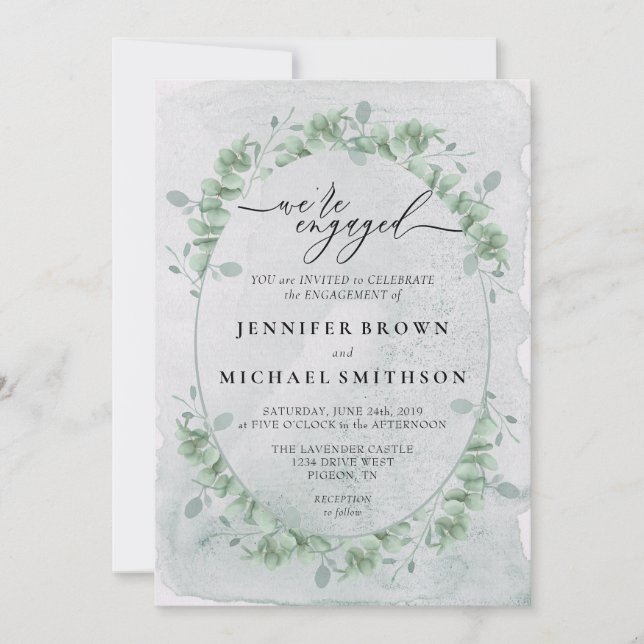 Convites Greenery Eucalyptus Calligraphy Signature Engaged (Frente)