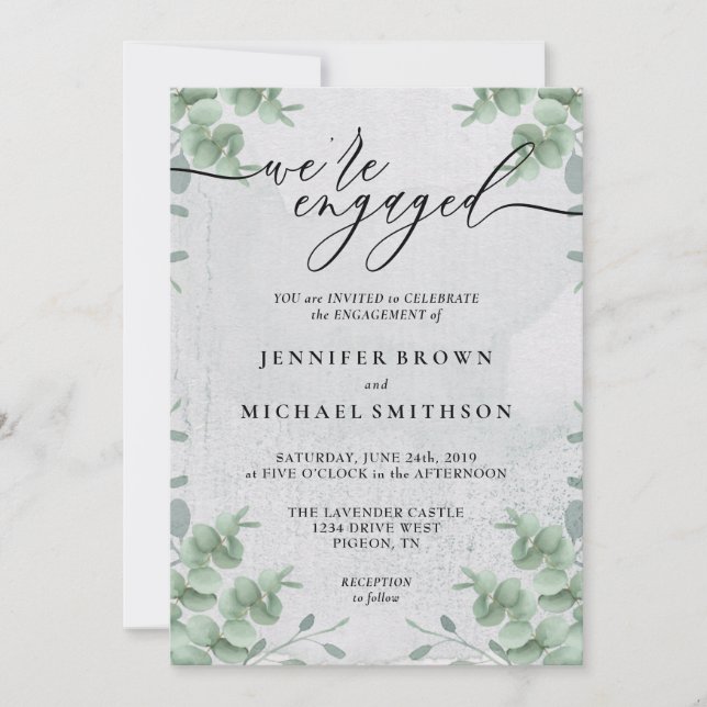 Convites Greenery Eucalyptus Calligraphy We are engaged (Frente)