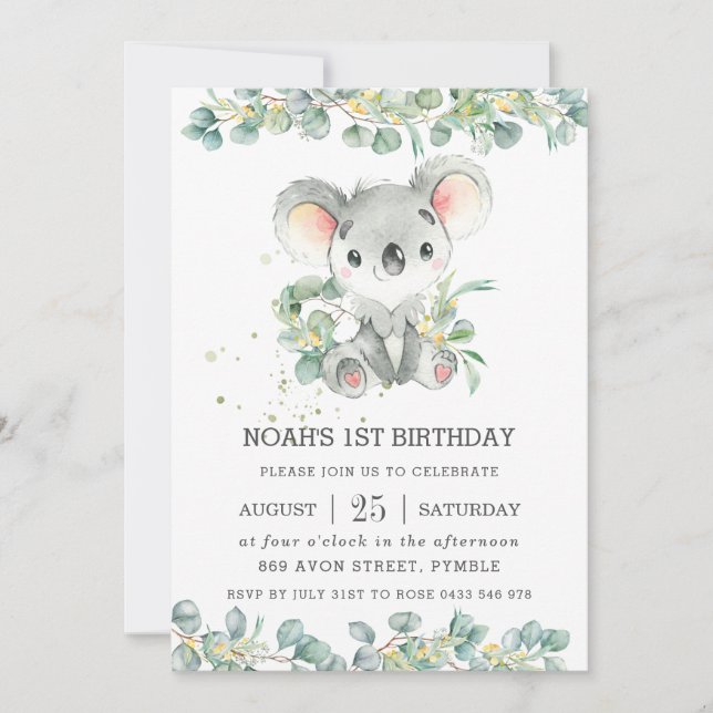 Convites Greenery Eucalyptus Cute Koala Aniversário (Frente)