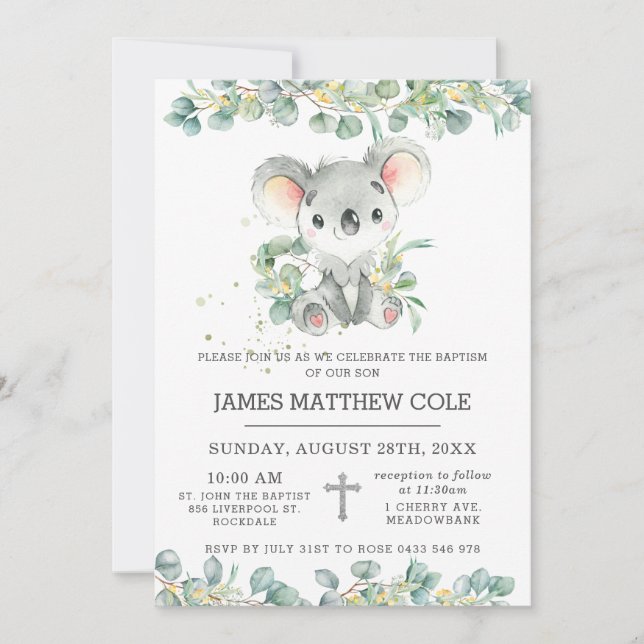 Convites Greenery Eucalyptus Cute Koala Baptism Christening (Frente)