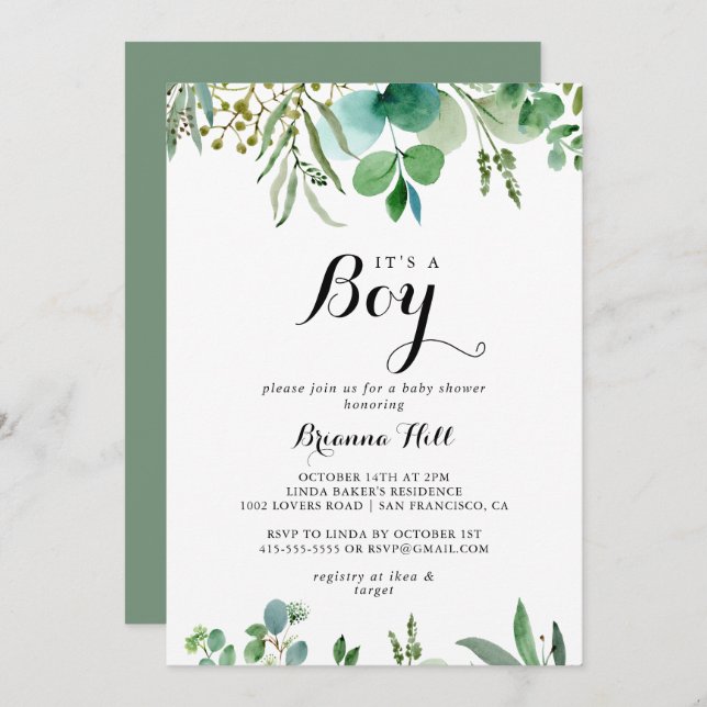 Convites Greenery Eucalyptus Foliage É um Chá de fraldas (Frente/Verso)