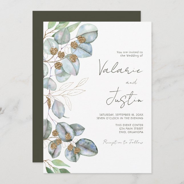Convites Greenery Eucalyptus Sage Invitation (Frente/Verso)