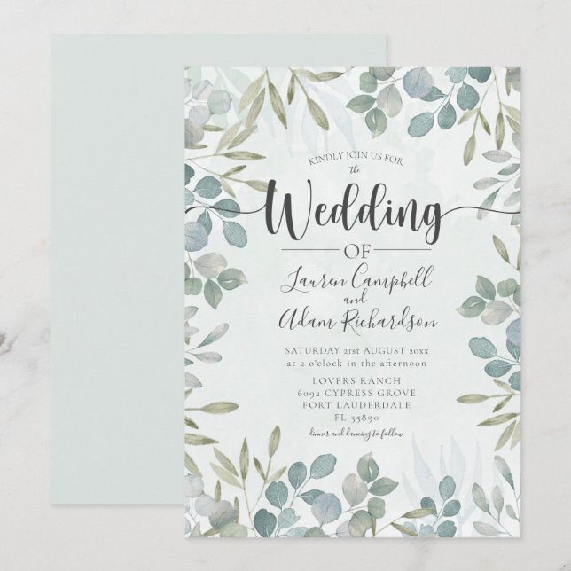 Convites Greenery Eucalyptus Watercolor Invitation (Frente/Verso)