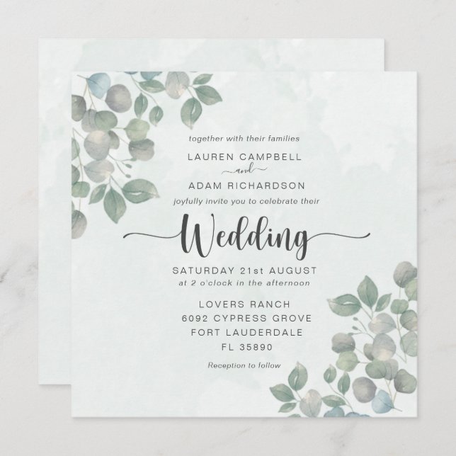 Convites Greenery Eucalyptus Watercolor Invitation (Frente/Verso)