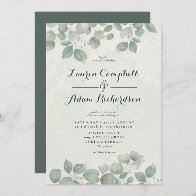 Convites Greenery Eucalyptus Watericolor Sage Casamento Ver (Frente/Verso)
