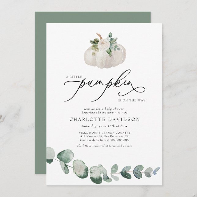 Convites Greenery Eucalyptus White Pumpkin Boho Chá de fral (Frente/Verso)
