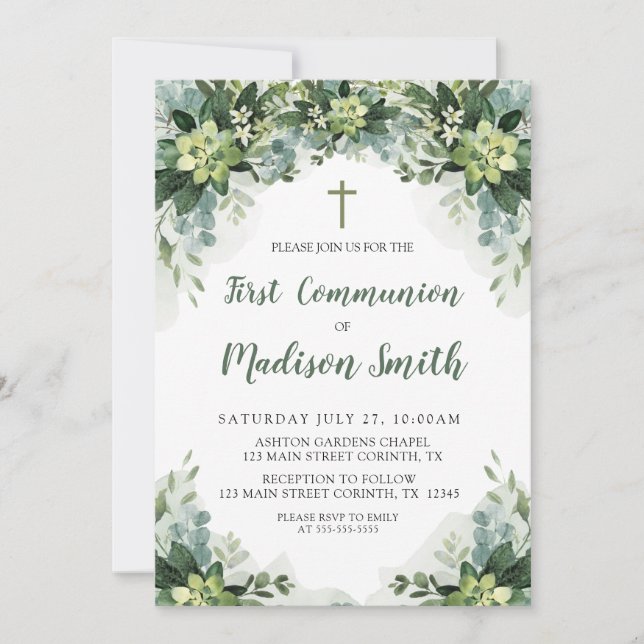 Convites Greenery First Communion Invitation (Frente)