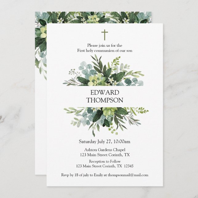 Convites Greenery First Communion Invitation (Frente/Verso)