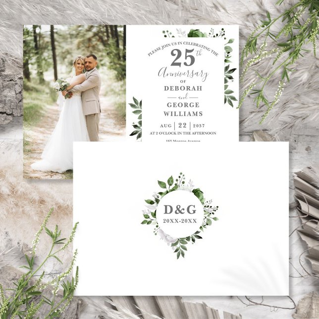 Convites Greenery Floral 25 Casando Foto do Aniversário (Greenery Floral 25th Wedding Anniversary Photo Invitation)