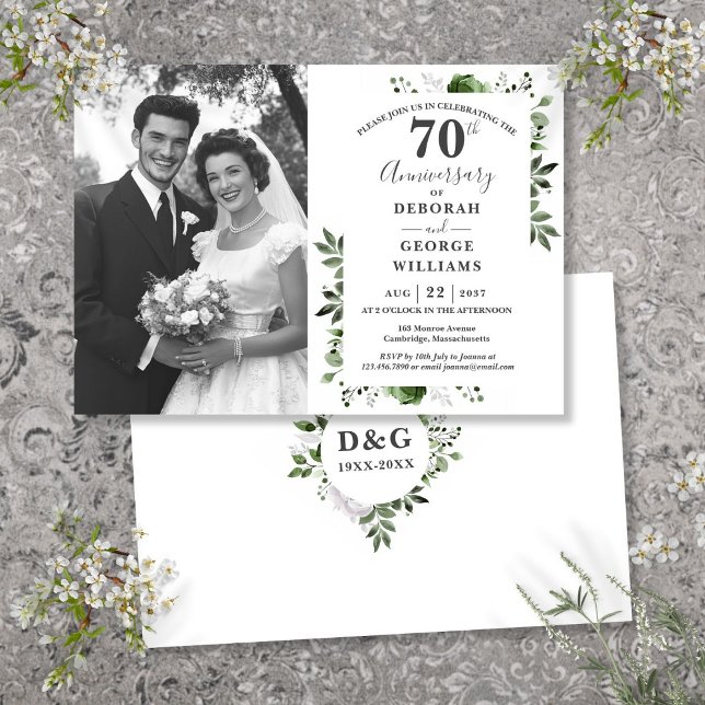 Convites Greenery Floral 70 Casando Foto do Aniversário (Greenery Floral 70th Wedding Anniversary Photo Invitation)