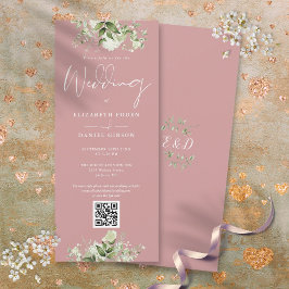 Convites Greenery Floral Dusty Rosa Código QR Casamento