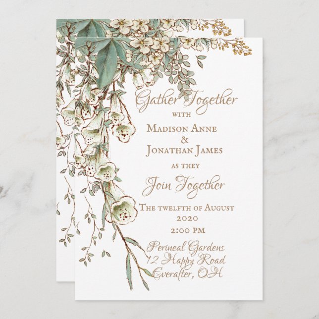 Convites Greenery Floral Garland Script Elegante Casamento (Frente/Verso)