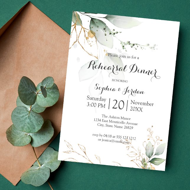 Convites Greenery Floral Gold Foil deixa Janto de ensaio (Criador carregado)