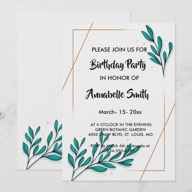 Convites Greenery Floral Gold Foil Sai Aniversário (Frente/Verso)