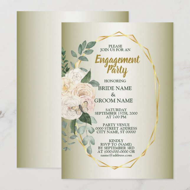 Convites Greenery Floral Gold Geometric Engagement Party (Frente/Verso)